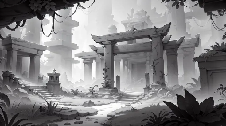 <lora:WhiteboxStyle:0.8> WhiteboxStyle, mossy temple monochrome