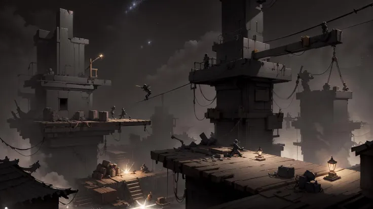 <lora:WhiteboxStyle:0.8> WhiteboxStyle, Rooftop Ninja Training Ground: Grappling hooks, swinging ropes, wooden dummies, starlit night, urban silhouette.
