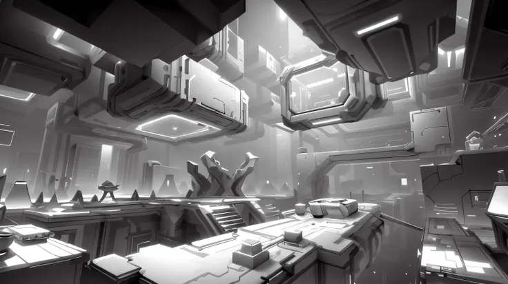 <lora:WhiteboxStyle:0.8> WhiteboxStyle, Martian Colony Survival: Space farming, alien encounters, terraforming, habitat building, low gravity jumping., cube, low-poly, simple shapes, monochrome