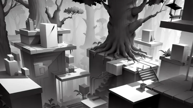 <lora:WhiteboxStyle:0.8> WhiteboxStyle, sky-high treetops, cube, low-poly, simple shapes, monochrome