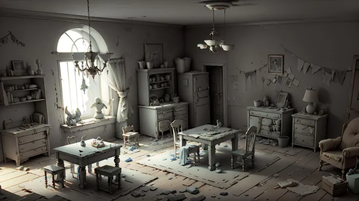 <lora:WhiteboxStyle:0.8> WhiteboxStyle, Haunted Children's Playroom: Faded toys, rocking horse, eerie music box, tattered curtains, ghostly laughter.