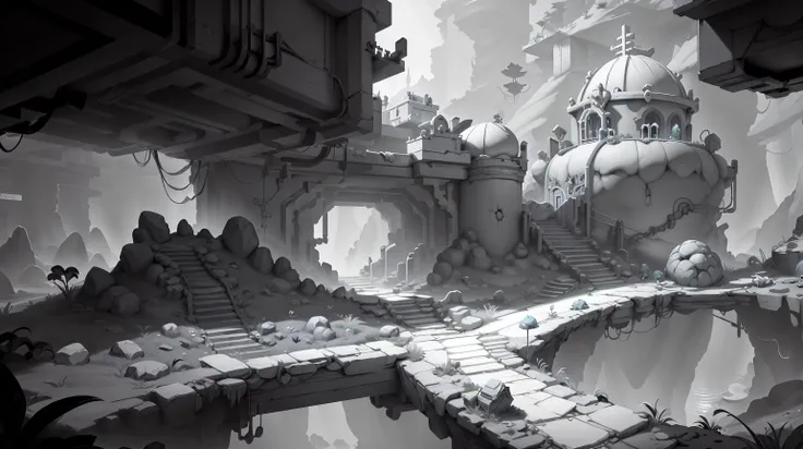 <lora:WhiteboxStyle:0.8> WhiteboxStyle, Underground Dwarven City: Mining challenges, forge crafting, gem appraisal, tunnel navigation, goblin battles. monochrome