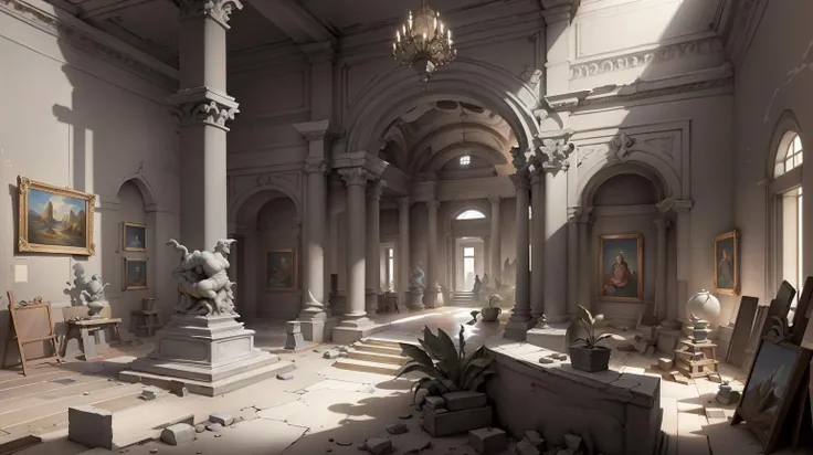 <lora:WhiteboxStyle:0.8> WhiteboxStyle, Renaissance Art Gallery: Paintings coming to life, sculpture puzzles, ornate halls, hidden passages, artistic challenges.