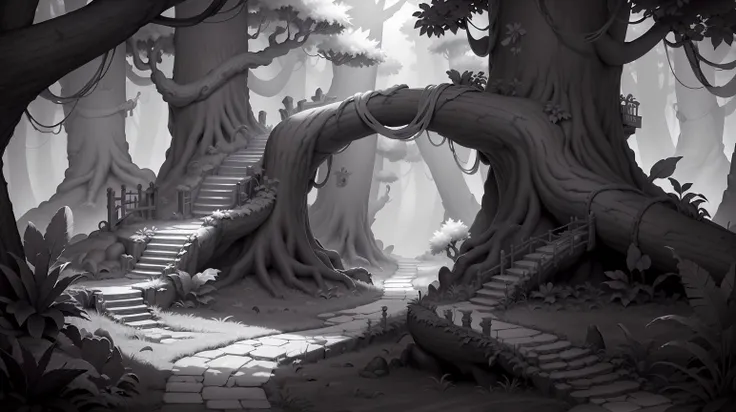 <lora:WhiteboxStyle:0.8> WhiteboxStyle, Enchanted Forest Maze: Twisting paths, talking trees, hidden doors, magical barriers, puzzle-solving quests. monochrome