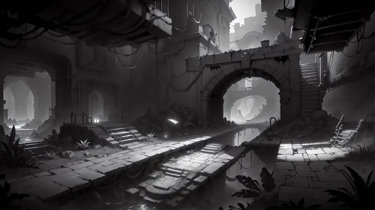 <lora:WhiteboxStyle:0.8> WhiteboxStyle, Gothic Sewer Labyrinth: Dark tunnels, water jumps, rat-infested paths, hidden levers, damp climbable walls. monochrome