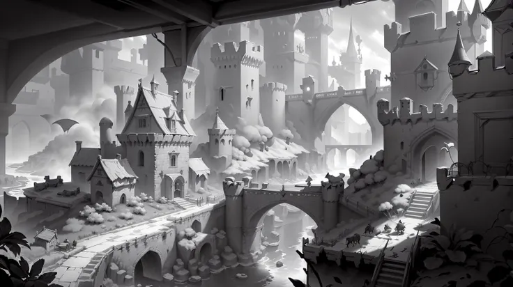 <lora:WhiteboxStyle:0.8> WhiteboxStyle, Medieval Castle Ramparts: Battlements, drawbridges, moats, ladders, siege towers, arrow slits, dueling platforms. monochrome