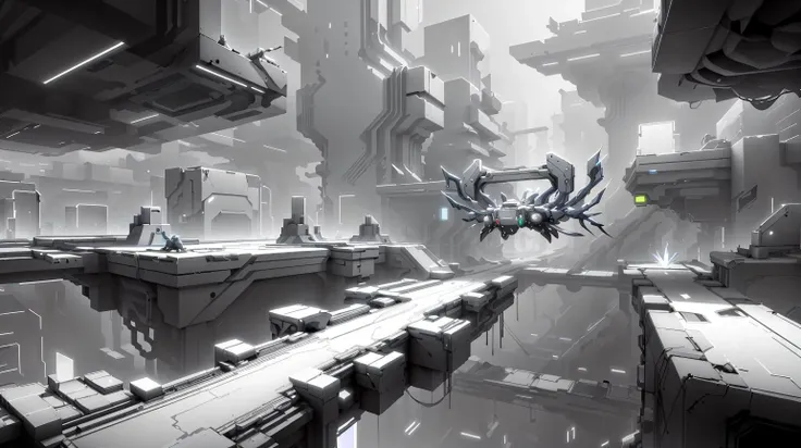 <lora:WhiteboxStyle:0.8> WhiteboxStyle, Futuristic City Parkour: Holographic obstacles, drone chases, skybridge leaps, robotic police, neon landscapes. monochrome