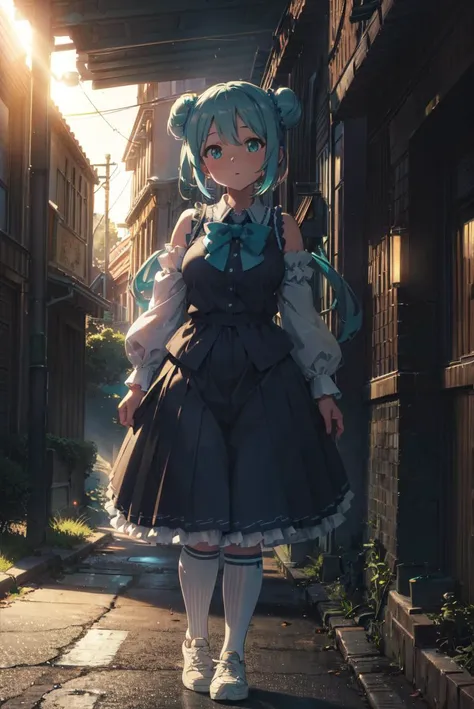 detailed illustration, close up, of a mature chubby woman, pretty face, miku_cinnamon, aqua bow,hair bun,double bun,aqua eyes,long sleeves,shirt,bare shoulders,short skirt,thighhighs,pleated skirt,frills,shoes,socks, blue bow,white footwear, sneakers, outside, outdoors, cinematic lighting, hires, volumetric lighting, highly detailed background, lights and shadows, backlit, masterpiece, <lora:add_detail:0.5> <lora:hairdetailer:0.5> <lora:kuronokurumu-nvwls-v1-000009:1.0>