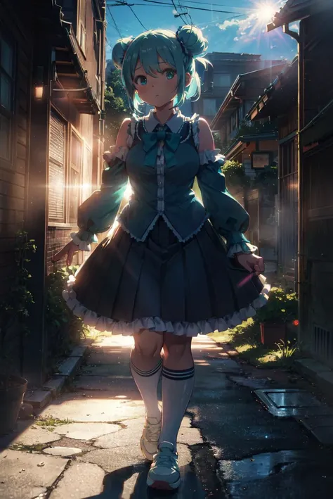 detailed illustration, close up, of a mature chubby woman, pretty face, miku_cinnamon, aqua bow,hair bun,double bun,aqua eyes,long sleeves,shirt,bare shoulders,short skirt,thighhighs,pleated skirt,frills,shoes,socks, blue bow,white footwear, sneakers, outside, outdoors, cinematic lighting, hires, volumetric lighting, highly detailed background, lights and shadows, backlit, masterpiece, <lora:add_detail:0.5> <lora:hairdetailer:0.5> <lora:kuronokurumu-nvwls-v1-000009:1.0>
