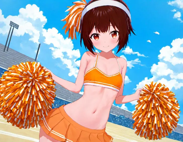 <lora:Miku_Maruyama:.8>,Miku, 1girl, solo, looking at viewer, Miku, 1girl, solo, swimsuit, visor cap, skirt, bikini, orange bikini, pom pom (cheerleading), orange skirt, bikini top only, outdoors, navel, flat chest, day, pleated skirt, cheerleader, cloud, sky, micro bikini, holding, smile, blush, upper body, outdoors,