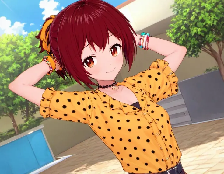 <lora:Miku_Maruyama:.8>, Miku, 1girl, solo, clothes around waist, gyaru, nail polish, jewelry, looking at viewer, bracelet, animal print, arms behind head, red hair, smile, wrist scrunchie, choker, polka dot, outdoors