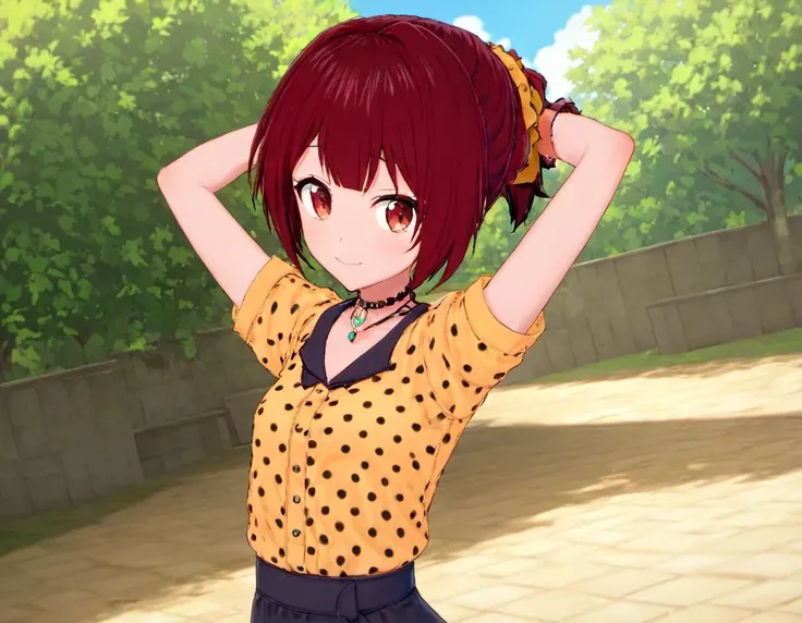 <lora:Miku_Maruyama:.8>, Miku, 1girl, solo, clothes around waist, nail polish, jewelry, looking at viewer, bracelet, animal print, arms behind head, red hair, smile, wrist scrunchie, choker, polka dot, outdoors