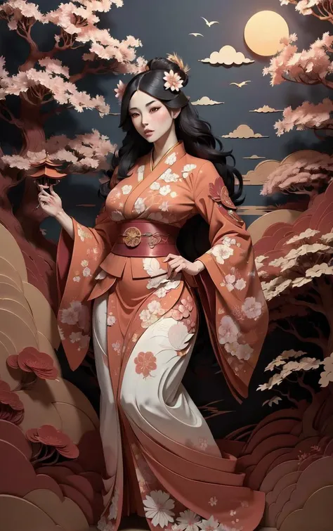 (masterpiece, best quality:1.4), insaneres, absurdres, solo, looking at viewer,BREAK 
LoConARTSTYLE_Paper_Kirigami_ownwaifu, art_nouveau, kirigami, fine art, 
1girl, solo, flower, tree, long hair, black hair, hair ornament, dress, cherry blossoms,  long sleeves, japanese clothes, chinese clothes, full body, wide sleeves, (moon), cloud, waterfall, east asian architecture, 
<lora:LoConARTSTYLE_Paper_Kirigami_ownwaifu:0.85> 
,