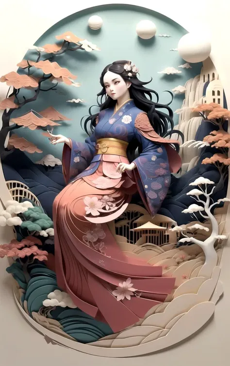 (masterpiece, best quality:1.4), insaneres, absurdres, solo, looking at viewer,BREAK 
LoConARTSTYLE_Paper_Kirigami_ownwaifu, art_nouveau, kirigami, fine art, 
1girl, solo, flower, tree, long hair, black hair, hair ornament, dress, cherry blossoms,  long sleeves, japanese clothes, chinese clothes, full body, wide sleeves, (moon), cloud, waterfall, east asian architecture, 
<lora:LoConARTSTYLE_Paper_Kirigami_ownwaifu:0.95> 
,