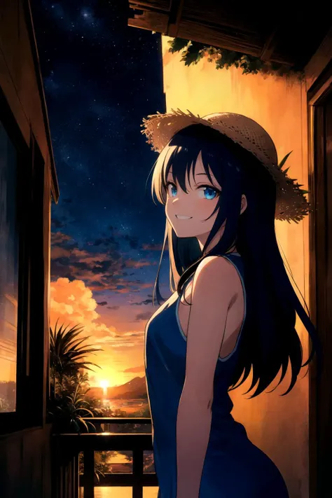 (anime, tone mapped:1.2),(exceptional, best aesthetic, best quality, masterpiece, newest, extremely detailed:1.2), 4k, 8k,extremely intricate detailed, perfect body proportion, perfect anatomy, (((cinematic lighting))), vivid color, high contrast, (((strong saturated color))),  BREAK
scenery, night sky, sunset, clouds, cloudy, coconut tree, foliage, potted plants, treehouse on right, balcony BREAK
1girl, upper body, body towards back, 19 years-old, skinny, (((looking at right))), side angle view, active pose, kawaii cute anime  face, blue eyes, ((happy face)), long hair, simple sleeveless summer mini dress,  wearing straw hat, (((eye contact to viewer)))