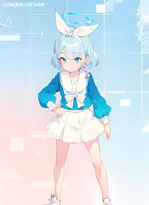 1girl, arona (blue archive), solo, blue eyes, skirt, halo, school uniform, blue hair, white skirt, choker, braid, ribbon, blue shirt, short hair, sailor collar, shirt, pleated skirt, white sailor collar, bow, single braid,
white hairband, bare shoulders, bare arms,badhandv4,<lora:chara-arona-v1:0.8>
(masterpiece:1.2),best quality, highres, detailed face,full body,
((white background)), ((simple background))