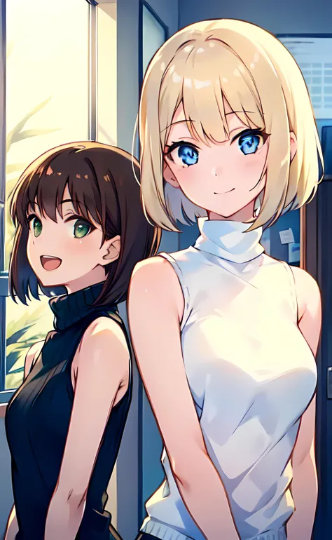 2girls, upper body, standing, indoors, office, window BREAK
1girl, short hair, brown hair, green eyes, black sweater, sleeveless turtleneck, bare shoulders, bare arms, open mouth, smile BREAK
1girl, short hair, blonde hair, blue eyes, white sweater, sleevless turtleneck, bare shoulders, bare arms, closed mouth, smile