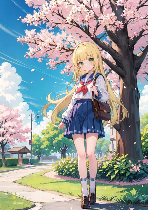 cute *********** standing in front of the school gate,blonde hair,green eyes,long hair,(blunt bangs),(sailor uniform:1.3),loose socks,loafers,full body,smile,kawaii,cowboy shot,concept art,cherry blossom tree,blue sky,