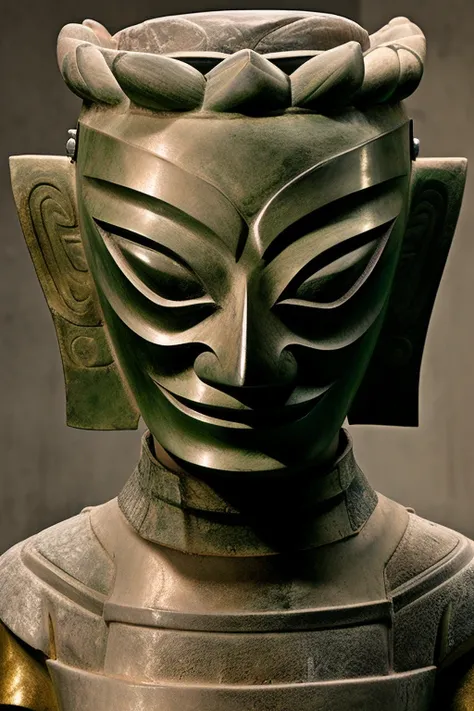 RAW photo, a close up portrait photo of a chinese young woman wearing a mask,sanxingdui,bronze,mask,traditional cloth,strong muscle,(high detailed skin:1.2), 8k uhd, dslr, soft lighting, high quality, film grain, Fujifilm XT3, soft light,<lora:sanxingdui mask:0.75>