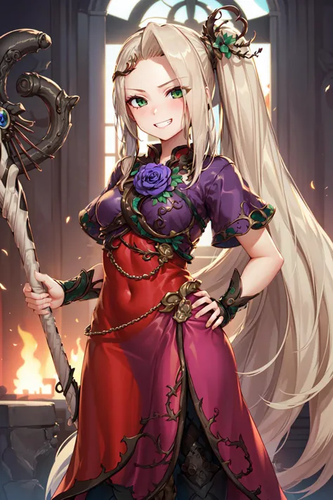 masterpiece,best quality,1girl,Viridiicarus,green eyes,blonde hair,dress,flower,staff,holding staff,one hand on own hip,grin,palace interior,<lora:Prueba1:0.7>,