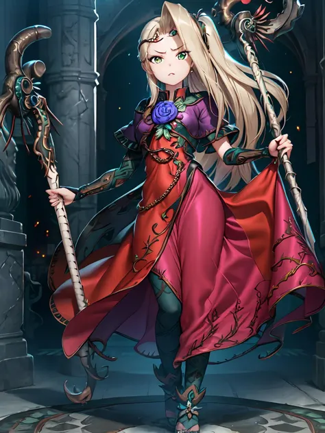 (extremely detailed CG), (best quality), 1girl, perfect face, bright pupils, (finely detailed beautiful eyes), shiny skin, lustrous skin, <lora:Prueba1:0.8> viridiicarus, green eyes, fullbody, angry , dress, flower,looking at viewer, staff, sanctuary, standing