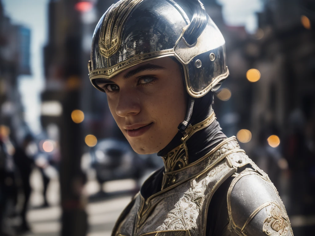 (full body:1)(upper body:1.3), ( masterpiece, photorealistic, raw:1.4 by portrait half body a young man -yeld in futuristic city of New York 2080), focus centered, (ligtings magic in ambient :1.2) ,Highest quality, (very detailed background:1.4),(photorealistic, raw, extremely intricate:1.4) , nude chest , it is night time, (highly detailed skin), skin texture, (detailed face), (very detailed eyes:1) (very detailed face:1) (very detailed iris and pupils :1) round pupils , sunny day, detailed background, sharp focus, twilight lighting, volumetric lighting, highly detailed, intricate details, 8k, highly detailed, UHD, HDR, cinematic action scene , smooth hair ,amazing perspective, looking front , perfect framing, profesional photo, young face, hiperrealistic anatomy, slim man body young, ultrarealist skin , semi blonde hair, strong, fierce, bright lights, long (small face:1.2)<lyco:concept_handonownarm-11:1.0><lora:ArmorSuit_v1:0.3>( futuristic armor:0.8) (uncovered head without helmet and accesories:2)(masculine armor:1).