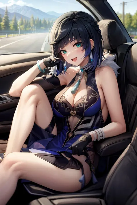 masterpiece, best quality, <lora:yelan:1>,1girl, yelan (genshin impact), breasts, gloves, steering wheel, solo, dice, single elbow glove, bangs, car interior, diagonal bangs, jewelry, smile, car, motor vehicle, ground vehicle, asymmetrical gloves, cleavage, looking at viewer, open mouth, sitting, bob cut, bracelet, black hair, short hair, blue hair, green eyes, mismatched gloves, blurry, elbow gloves, multicolored hair, large breasts, bare shoulders, mole, fur trim, white gloves, driving, black gloves, mole on breast, sleeveless, :d, blurry background, single glove, dress, fingerless gloves, tassel, blue dress, earrings, blue eyes