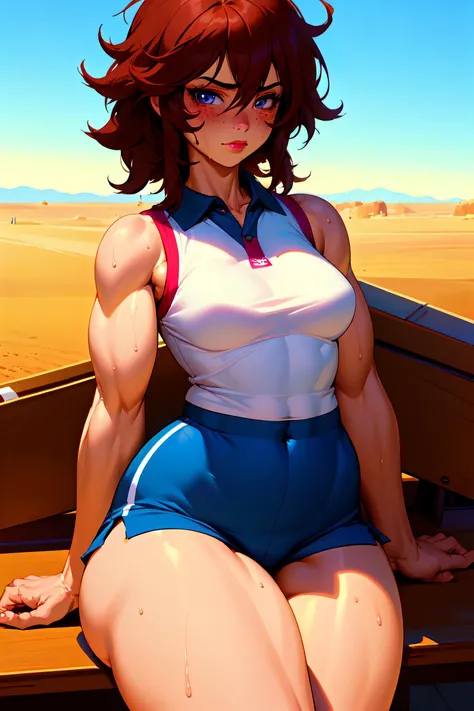 (masterpiece, best quality:1.2), extremely detailed, detailed hair, intricate details, finely detailed, [[soft lighting, volumetric lighting]], 1girl, (solo), looking at viewer, mature female, close-up, hands on own chest , sitting , muscular, muscular female, (thick thighs:1.2),( wide hips:1.2), medium breasts, Tennis skort with pleated details and sleeveless polo shirt , (asymmetrical hair ,messy hair,hair between eyes, mullet , split-color hair ,), smug , sweat,, freckles, , lipstick, makeup, with a desert oasis in the background, silhouetted sailboat on the horizon in the foreground , <lora:JLullabyV2LOL:1>