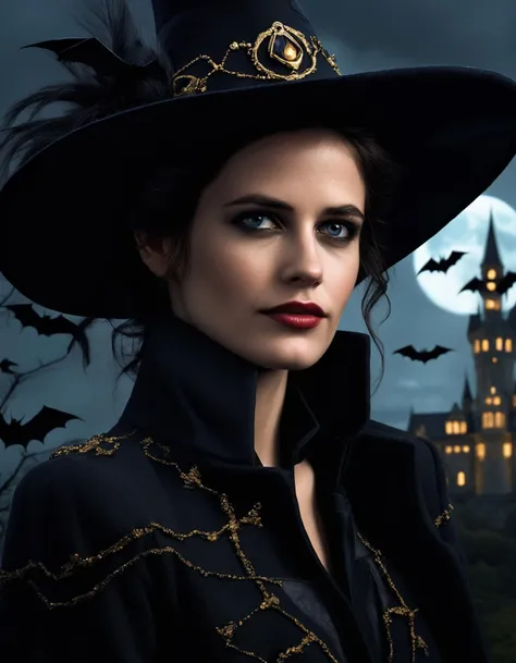 cinematic photo hyper realistic portrait painting, beautifully rendered, gorgeous (((ohwx woman))) witch with a hat, moonlight, bats, castle in the background, painted by greg rutkowski, wlop, artgerm, dishonored 2 <lora:evagreen_lora_sdxl_v1-000008:1> . 35mm photograph, film, bokeh, professional, 4k, highly detailed