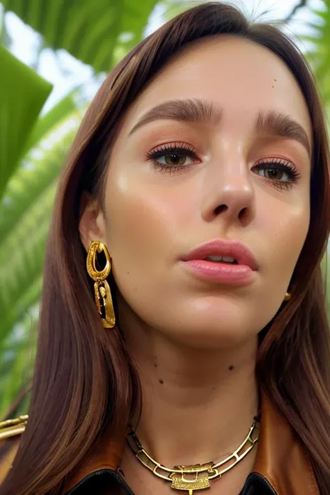 a woman in a stunning outfit, in a jungle paradise, gold necklace, ((close up, face)), raw, 8k uhd, <lora:ninaWarink:1>