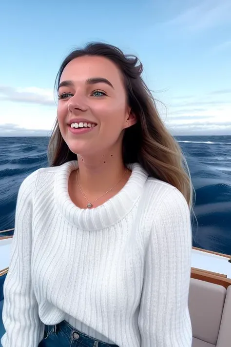 raw photo of a woman, in her 20s, perfect face, perfect day, at sea in a yacht, white knit sweater, beautiful face, center frame, happy to see you, upper body, sharp focus, 8k uhd