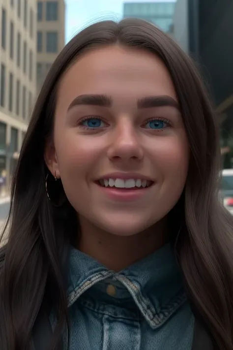raw photo of a naturally beautiful young woman, downtown in the city, face, [happy to see you], center frame, close up, 8k uhd
