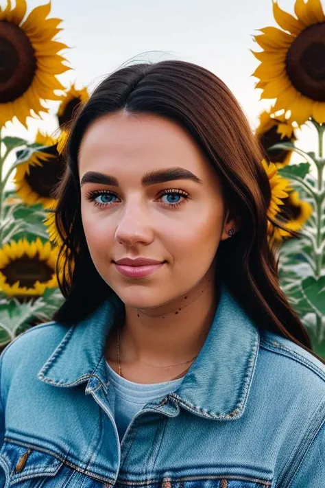 raw photo of a woman, in her 20s, perfect face, in a sunflower field, beautiful face, center frame, [happy to see you], staring through you, upper body, close up, sharp focus, 8k uhd