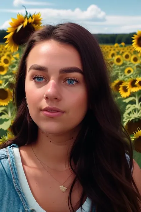 raw photo of a woman, in her 20s, perfect face, in a sunflower field, beautiful face, center frame, staring through you, upper body, close up, sharp focus, 8k uhd