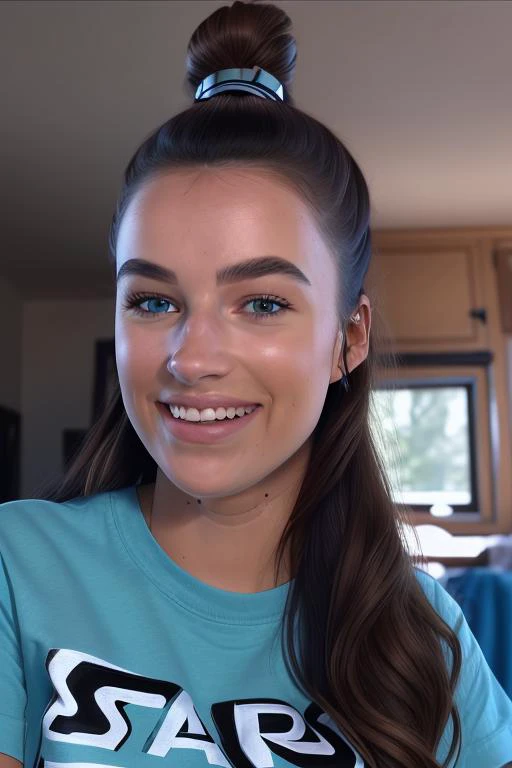 raw photo of a woman, stunning face, in a star wars shirt, hiking on a perfect day, cool morning in montana, center frame, (looking at camera), [cute smile], close up, sharp focus, 8k uhd