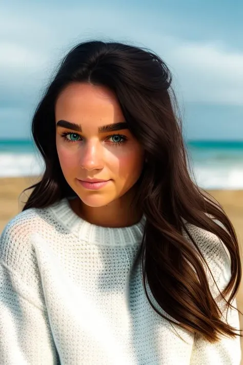 raw photo of a naturally beautiful woman, in a knitted white sweater, on the beach at midnight, face, [happy to see you], center frame, 8k uhd