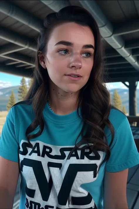 raw photo of a woman, in her 20s, perfect face, in a star wars shirt, hiking on a perfect day, cool morning in montana, center frame, (looking at camera), close up, sharp focus, 8k uhd
