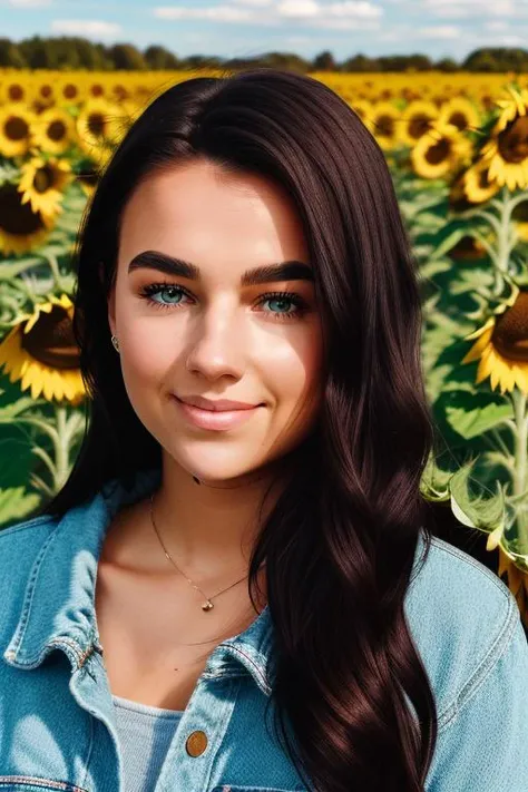 raw photo of a woman, in her 20s, perfect face, in a sunflower field, beautiful face, center frame, [happy to see you], staring through you, upper body, close up, sharp focus, 8k uhd