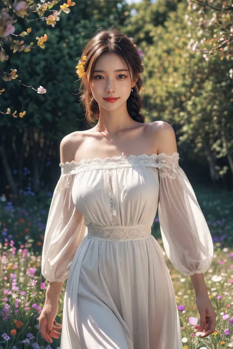 1girl,leogirl,tsurime,solo,(smiling,happy:1.25),(bright red lips,blush:0.8),huge breasts,(sagging breasts:1.3),braids,walking,pose,nsfw,
(multicolored background,see-though high-waist black lace chiffon dress with sleeves,topless,bare shoulders,off shoulder,nipples:1.2),<lora:add_detail:0.33>,<lora:epi_noiseoffset2:0.5>,<lora:FilmVelvia3:0.25>,
(dreamflower,multicolored_background,A melancholic autumn scene in a vast flower field,a gentle breeze rustling through the dry grass,fallen leaves scattered among the flowers,a bittersweet atmosphere,a moment of quiet contemplation,Soft and warm color palette,delicate brushwork,evocative use of light and shadow,subtle details in the wilting flowers,high contrast,color contrast),<lora:dreamflower:0.4>,<lora:FlowerGarden_v1:0.4>,
masterpiece,official art,best quality,high quality,highres,natural light,ray tracing,volumetric light,realistic,photorealistic,ultra highres,vivid,nostalgia,bokeh,