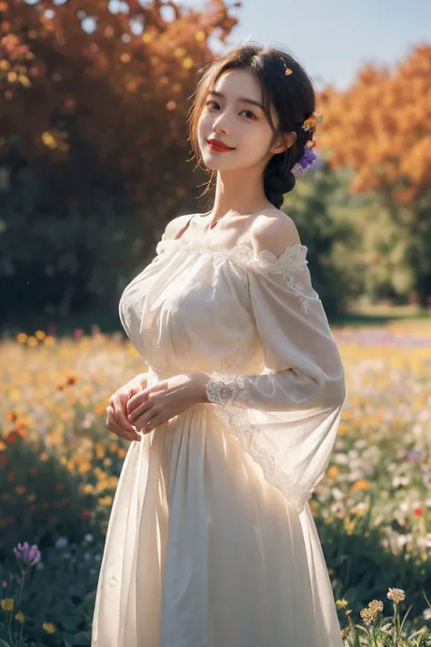 1girl,leogirl,tsurime,solo,(smiling,happy),(bright red lips,blush:0.8),huge breasts,(sagging breasts),braids,walking,pose,
(multicolored background,high-waist lace chiffon dress with sleeves,off shoulder:1.2),<lora:add_detail:0.33>,<lora:epi_noiseoffset2:0.5>,<lora:FilmVelvia3:0.25>,
(dreamflower,multicolored_background,A melancholic autumn scene in a vast flower field,a gentle breeze rustling through the dry grass,fallen leaves scattered among the flowers,a bittersweet atmosphere,a moment of quiet contemplation,Soft and warm color palette,delicate brushwork,evocative use of light and shadow,subtle details in the wilting flowers,high contrast,color contrast),<lora:dreamflower:0.4>,<lora:FlowerGarden_v1:0.4>,
masterpiece,official art,best quality,high quality,highres,natural light,ray tracing,volumetric light,realistic,photorealistic,ultra highres,vivid,nostalgia,bokeh,