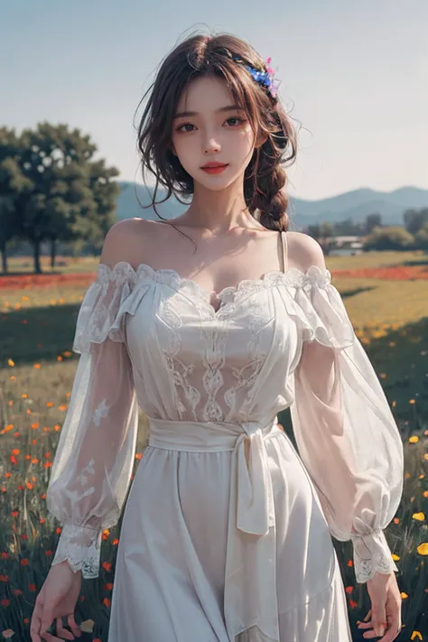 1girl,leogirl,tsurime,solo,(smiling,happy),(bright red lips,blush:0.8),huge breasts,(sagging breasts),braids,walking,pose,
(multicolored background,high-waist lace chiffon dress with sleeves,off shoulder:1.2),<lora:add_detail:0.33>,<lora:epi_noiseoffset2:0.5>,<lora:FilmVelvia3:0.25>,
(dreamflower,multicolored_background,A melancholic autumn scene in a vast flower field,a gentle breeze rustling through the dry grass,fallen leaves scattered among the flowers,a bittersweet atmosphere,a moment of quiet contemplation,Soft and warm color palette,delicate brushwork,evocative use of light and shadow,subtle details in the wilting flowers,high contrast,color contrast),<lora:dreamflower:0.4>,<lora:FlowerGarden_v1:0.4>,
masterpiece,official art,best quality,high quality,highres,natural light,ray tracing,volumetric light,realistic,photorealistic,ultra highres,vivid,nostalgia,bokeh,