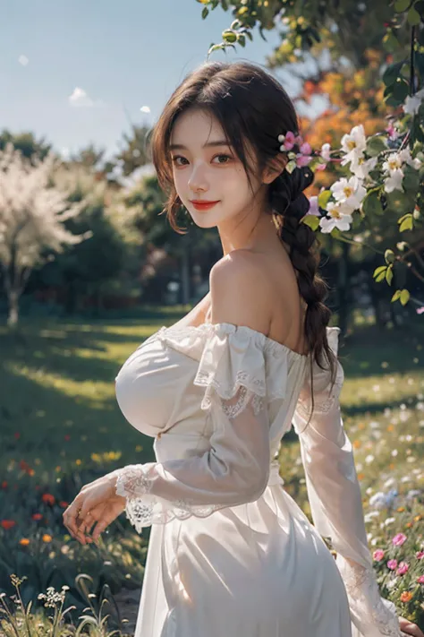 1girl,leogirl,tsurime,solo,(smiling,happy:1.25),(bright red lips,blush:0.8),huge breasts,(sagging breasts:1.2),braids,walking,pose,
(multicolored background,see-though high-waist lace chiffon dress with sleeves,bare shoulders,off shoulder:1.2),(dreamflower,multicolored_background,A melancholic autumn scene in a vast flower field,a gentle breeze rustling through the dry grass,fallen leaves scattered among the flowers,a bittersweet atmosphere,a moment of quiet contemplation,Soft and warm color palette,delicate brushwork,evocative use of light and shadow,subtle details in the wilting flowers,high contrast,color contrast),butterfly,
masterpiece,official art,best quality,high quality,highres,natural light,ray tracing,volumetric light,realistic,photorealistic,ultra highres,vivid,nostalgia,bokeh,