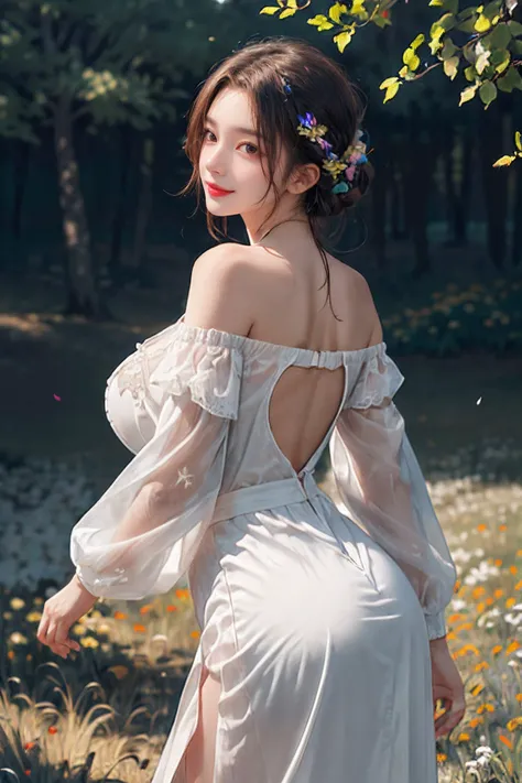 1girl,leogirl,tsurime,solo,(smiling,happy:1.25),(bright red lips,blush:0.8),huge breasts,(sagging breasts:1.2),braids,walking,pose,
(multicolored background,see-though high-waist lace chiffon dress with sleeves,huge ass bare thigh,off shoulder:1.2),<lora:add_detail:0.33>,<lora:epi_noiseoffset2:0.5>,<lora:FilmVelvia3:0.25>,
(dreamflower,multicolored_background,A melancholic autumn scene in a vast flower field,a gentle breeze rustling through the dry grass,fallen leaves scattered among the flowers,a bittersweet atmosphere,a moment of quiet contemplation,Soft and warm color palette,delicate brushwork,evocative use of light and shadow,subtle details in the wilting flowers,high contrast,color contrast),<lora:dreamflower:0.4>,<lora:FlowerGarden_v1:0.4>,butterfly,
masterpiece,official art,best quality,high quality,highres,natural light,ray tracing,volumetric light,realistic,photorealistic,ultra highres,vivid,nostalgia,bokeh,