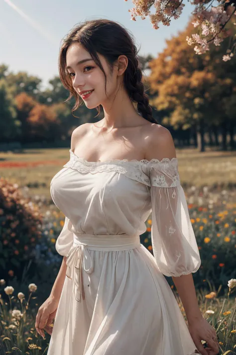 1girl,leogirl,tsurime,solo,(smiling,happy:1.25),(bright red lips,blush:0.8),huge breasts,(sagging breasts:1.2),braids,walking,pose,
(multicolored background,see-though high-waist lace chiffon dress with sleeves,bare shoulders,off shoulder:1.2),<lora:add_detail:0.33>,<lora:epi_noiseoffset2:0.5>,<lora:FilmVelvia3:0.25>,
(dreamflower,multicolored_background,A melancholic autumn scene in a vast flower field,a gentle breeze rustling through the dry grass,fallen leaves scattered among the flowers,a bittersweet atmosphere,a moment of quiet contemplation,Soft and warm color palette,delicate brushwork,evocative use of light and shadow,subtle details in the wilting flowers,high contrast,color contrast),<lora:dreamflower:0.4>,<lora:FlowerGarden_v1:0.4>,butterfly,
masterpiece,official art,best quality,high quality,highres,natural light,ray tracing,volumetric light,realistic,photorealistic,ultra highres,vivid,nostalgia,bokeh,