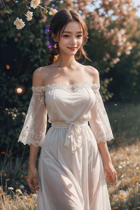 1girl,leogirl,tsurime,solo,(smiling,happy:1.25),(bright red lips,blush:0.8),huge breasts,(sagging breasts:1.2),braids,walking,pose,
(multicolored background,see-though high-waist lace chiffon dress with sleeves,bare shoulders,off shoulder:1.2),<lora:add_detail:0.33>,<lora:epi_noiseoffset2:0.5>,<lora:FilmVelvia3:0.25>,
(dreamflower,multicolored_background,A melancholic autumn scene in a vast flower field,a gentle breeze rustling through the dry grass,fallen leaves scattered among the flowers,a bittersweet atmosphere,a moment of quiet contemplation,Soft and warm color palette,delicate brushwork,evocative use of light and shadow,subtle details in the wilting flowers,high contrast,color contrast),<lora:dreamflower:0.4>,<lora:FlowerGarden_v1:0.4>,butterfly,
masterpiece,official art,best quality,high quality,highres,natural light,ray tracing,volumetric light,realistic,photorealistic,ultra highres,vivid,nostalgia,bokeh,