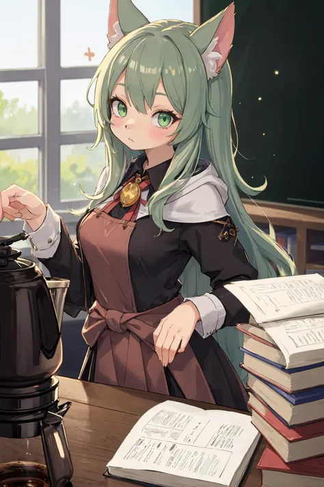 (depth of field:1.5),(high resolution:1.1) BREAK
(Teacher's lounge with a coffee pot and stacks of papers:1.3) BREAK
1girl,snout,furry,anthro,Hands on the waist looking to the side,long hair,(Pastel Green eyes:1.3) BREAK
Sorceress gown with a dramatic hood and mystical symbols BREAK