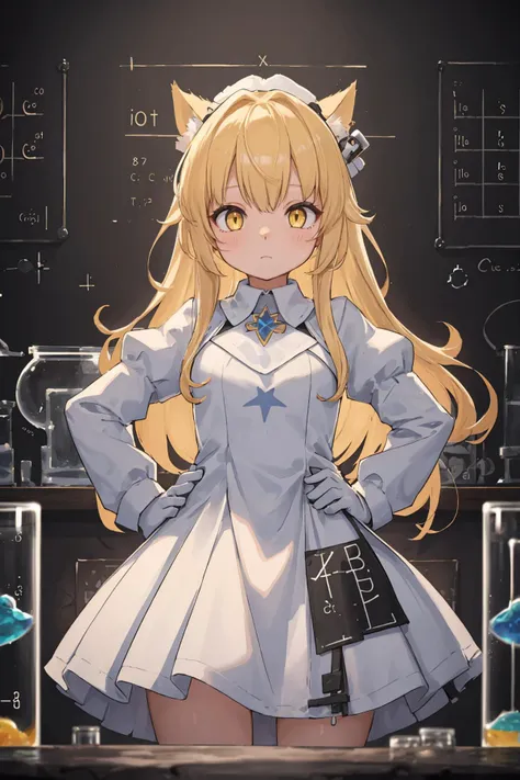 (depth of field:1.5),(high resolution:1.1) BREAK
(science lab with bubbling beakers and a periodic table on the wall:1.3) BREAK
1girl,Hands on hips facing the camera,long hair,(Yellow eyes:1.3) BREAK
Fantasy princess dress with a flowing train and bejeweled accents BREAK