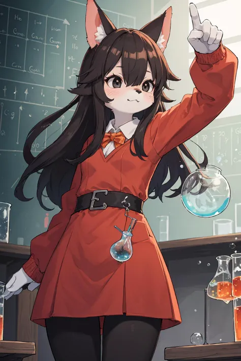 (depth of field:1.5),(high resolution:1.1) BREAK
(science lab with bubbling beakers and a periodic table on the wall:1.3) BREAK
1girl,snout,furry,anthro,Standing with one arm raised pointing upwards,long hair,(Jet Black eyes:1.3) BREAK
Dragon-themed dress with scale-like patterns and fiery hues BREAK