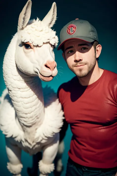 ryan reynolds and a llama are posing for a picture together,