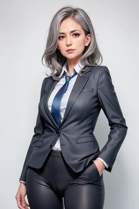 professional woman, age 50 years old, grey hair, professional attire, pantsuit, tight pants, serious, portrait, linkedin, fine fabric emphasis, white background, (cameltoe:0.8),